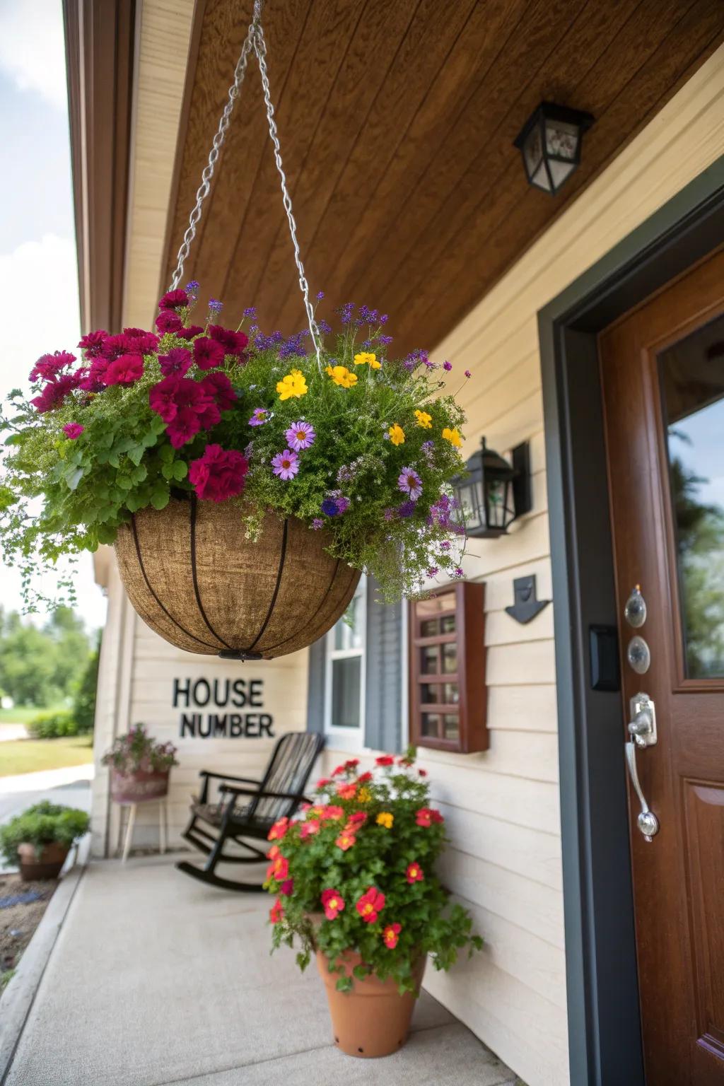 Hanging baskets with numbers add a welcoming charm.