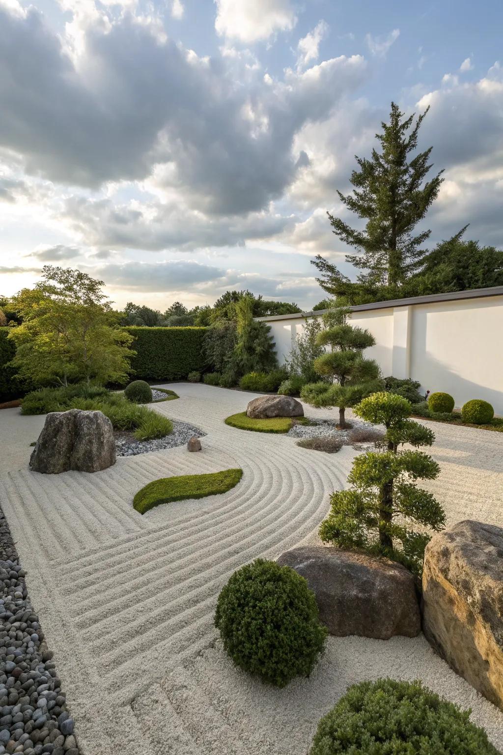 Sky Pencil Holly completes a serene zen garden.