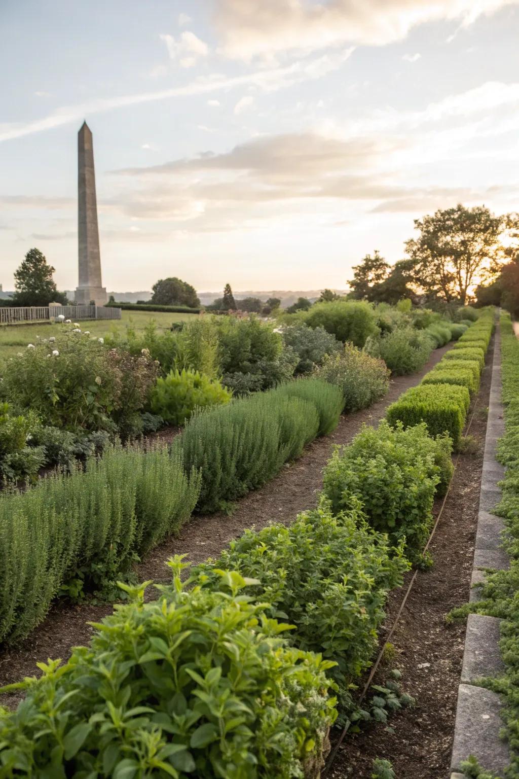 Combine beauty and function with a Sky Pencil Holly-backed herb garden.