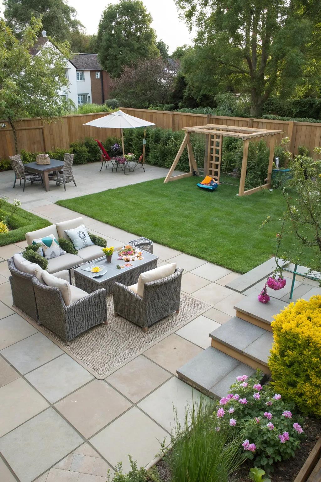A zoned square backyard offering organized tranquility.