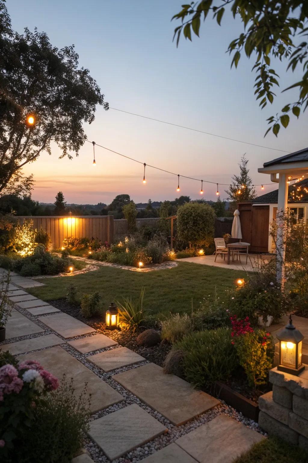 Creative outdoor lighting transforming a square backyard into a magical retreat.