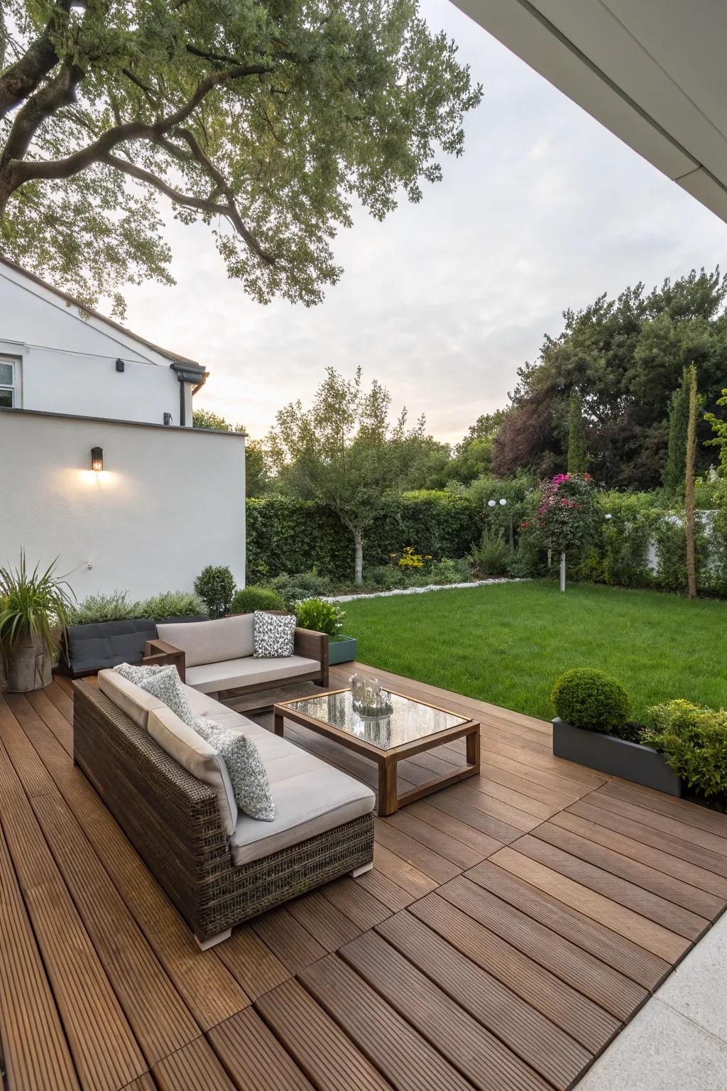 An elevated patio offering elegance and function in a square space.