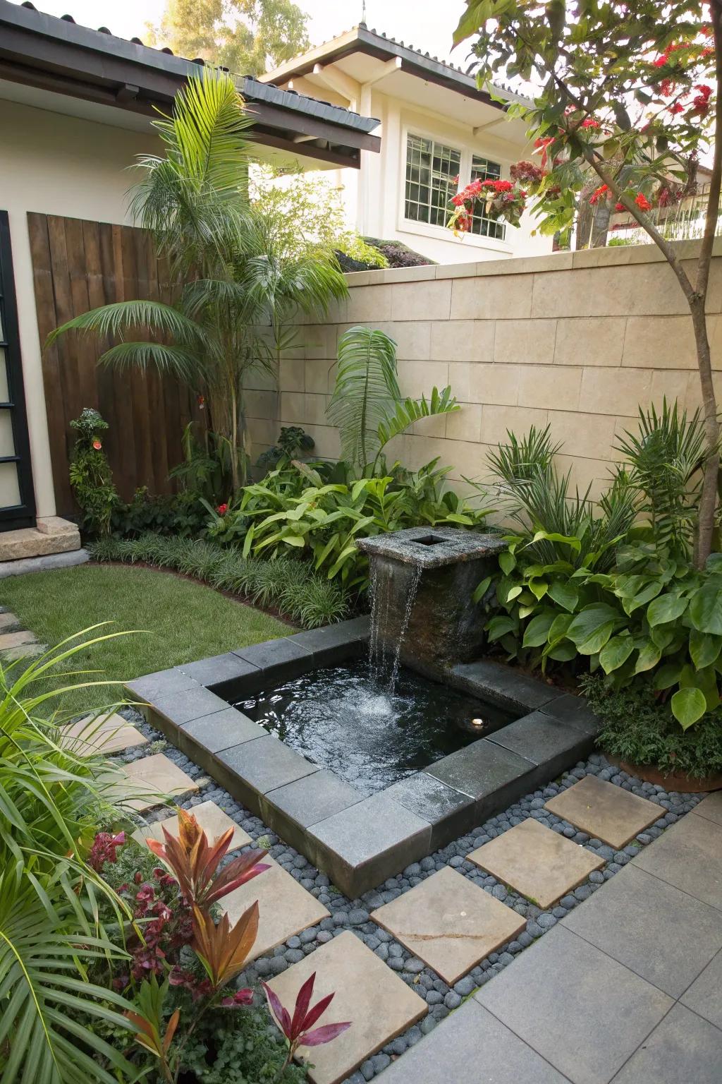 A serene water feature enhancing the tranquility of a square backyard.