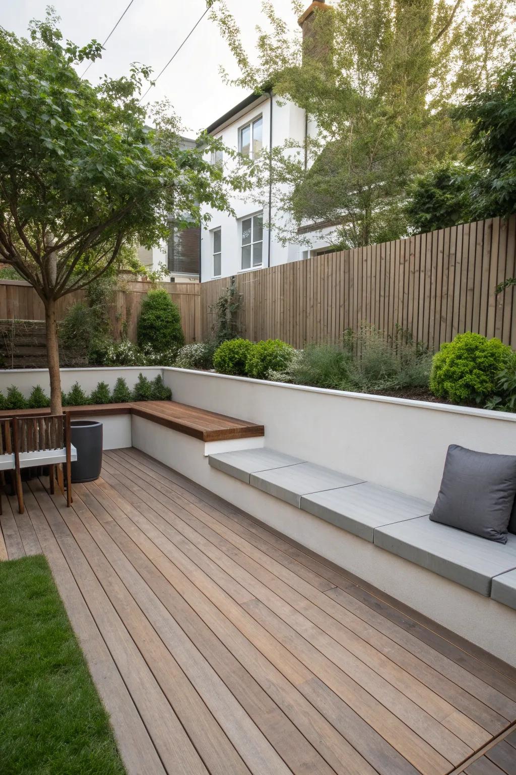 Built-in bench seating providing style and function in a square backyard.
