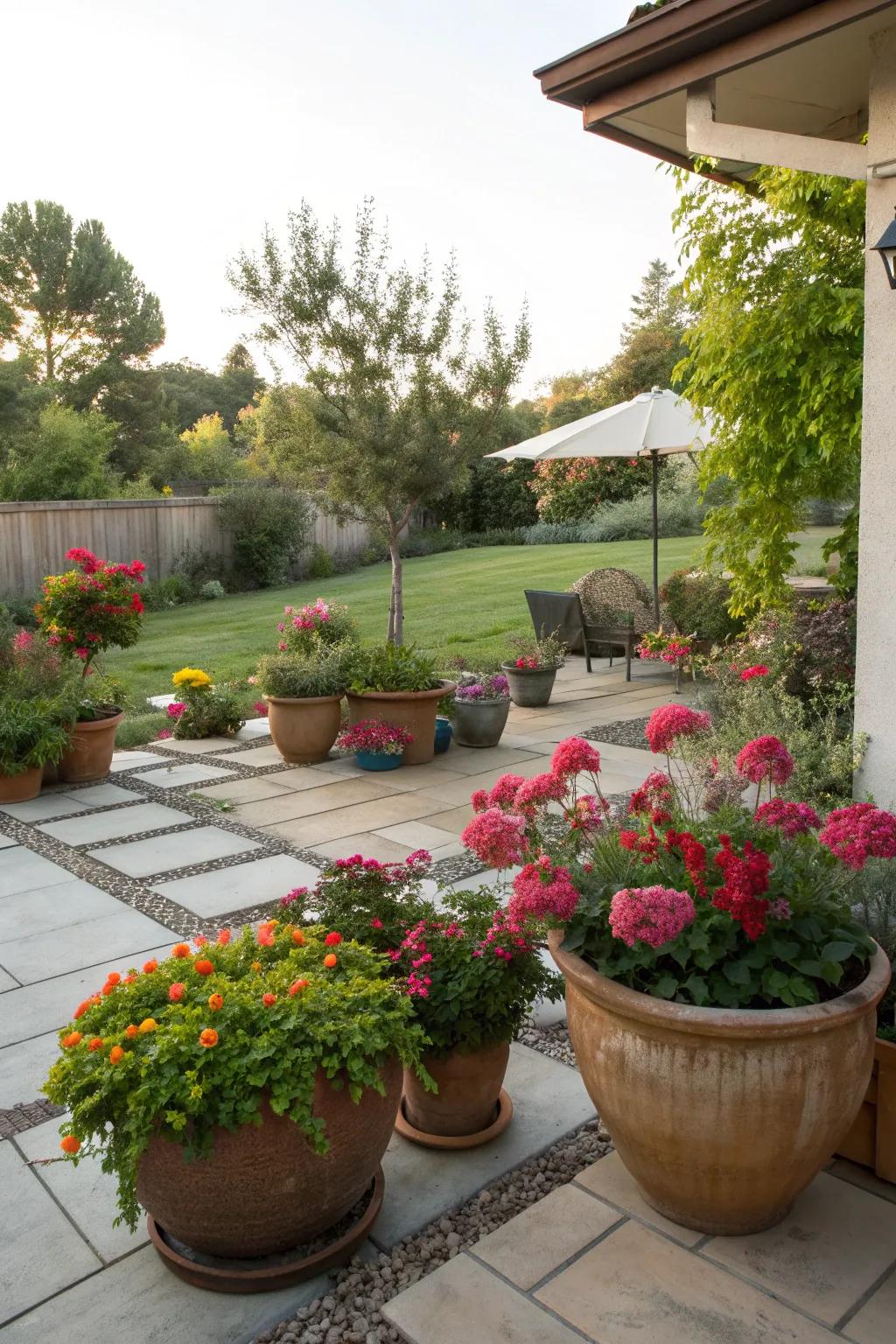 A paradise of potted plants adding color and flexibility to a square backyard.