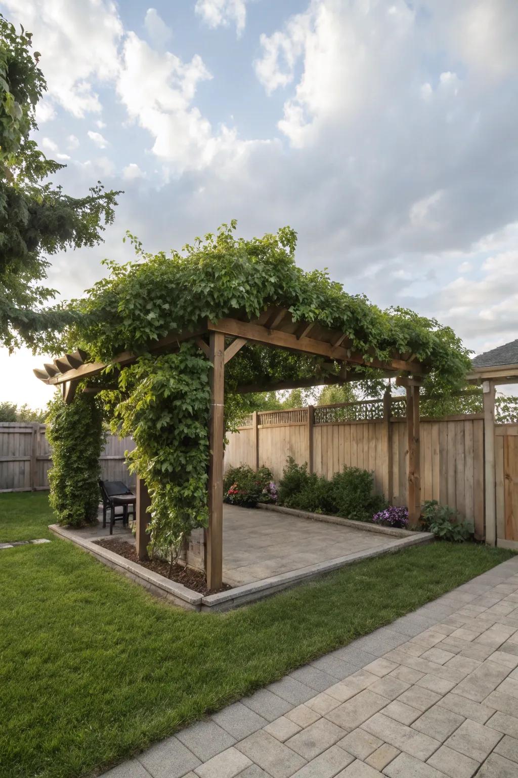 A vine-covered pergola offering a shaded escape in a square backyard.