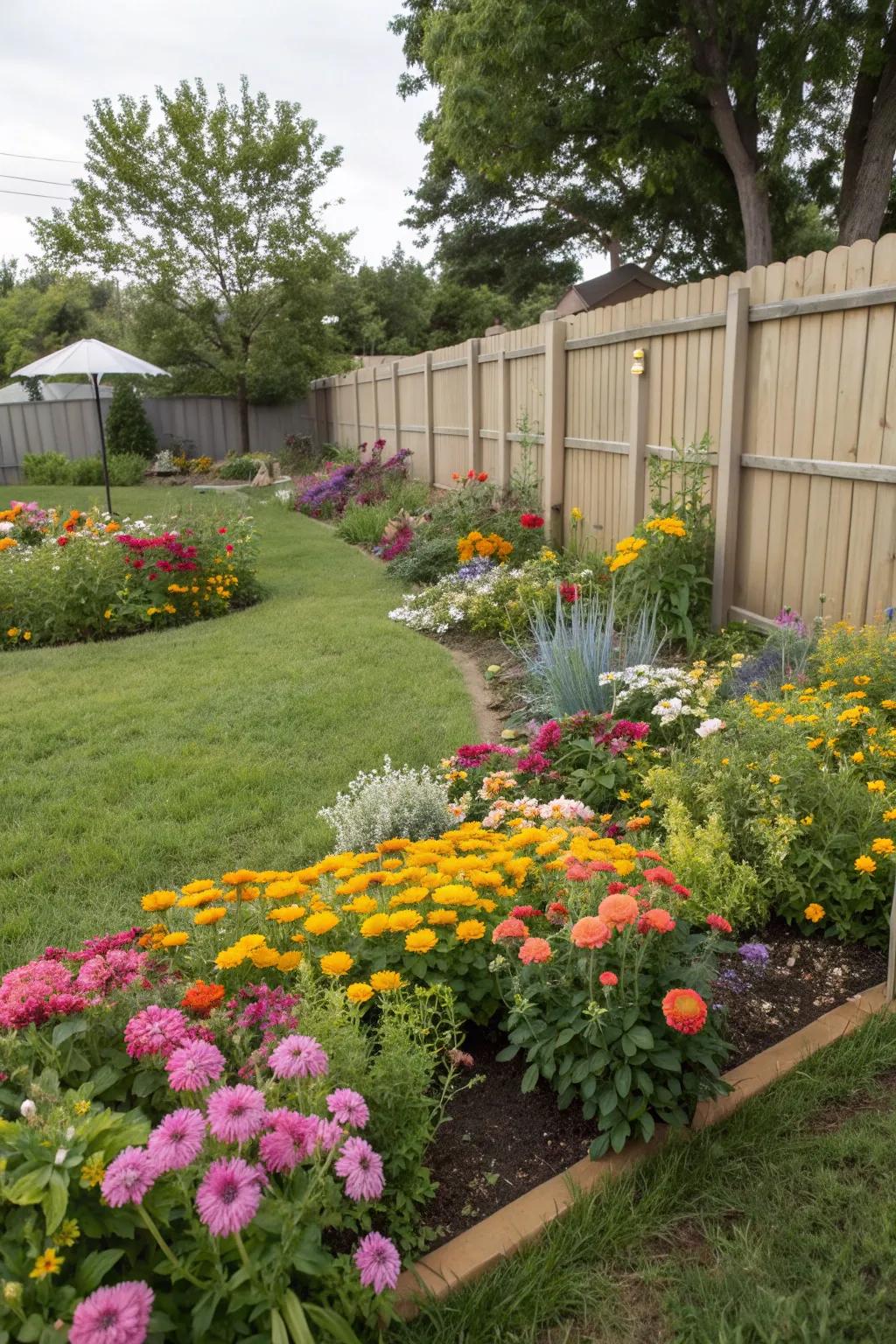 Colorful perennial beds adding year-round interest to a square backyard.