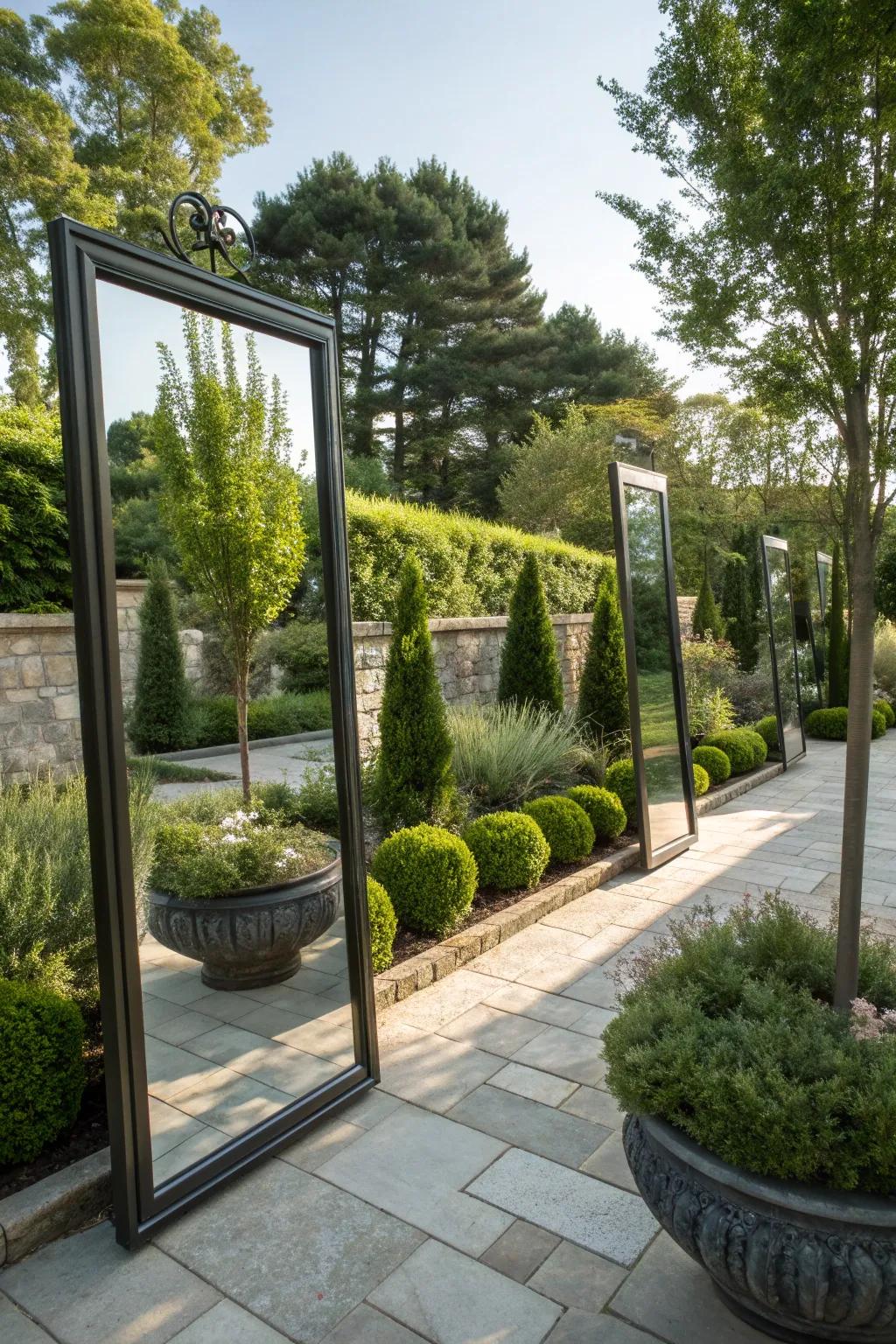 Mirrors enhancing the illusion of space and light in a square backyard.