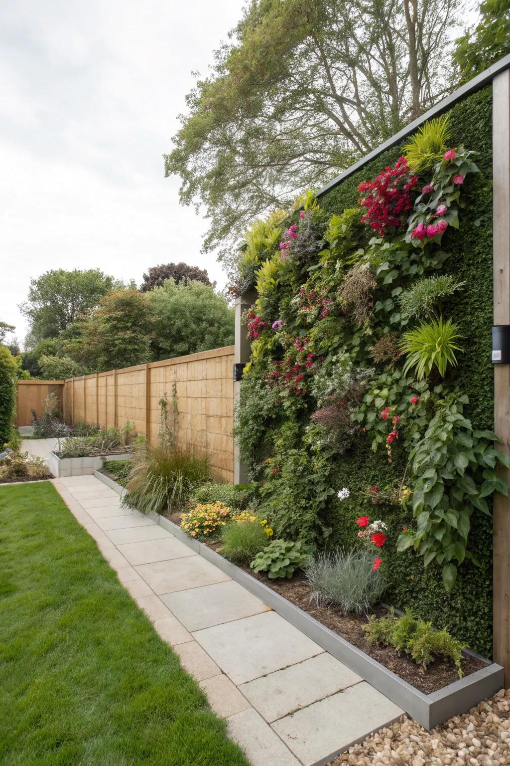 A vertical garden wall bringing lush life to a square backyard.