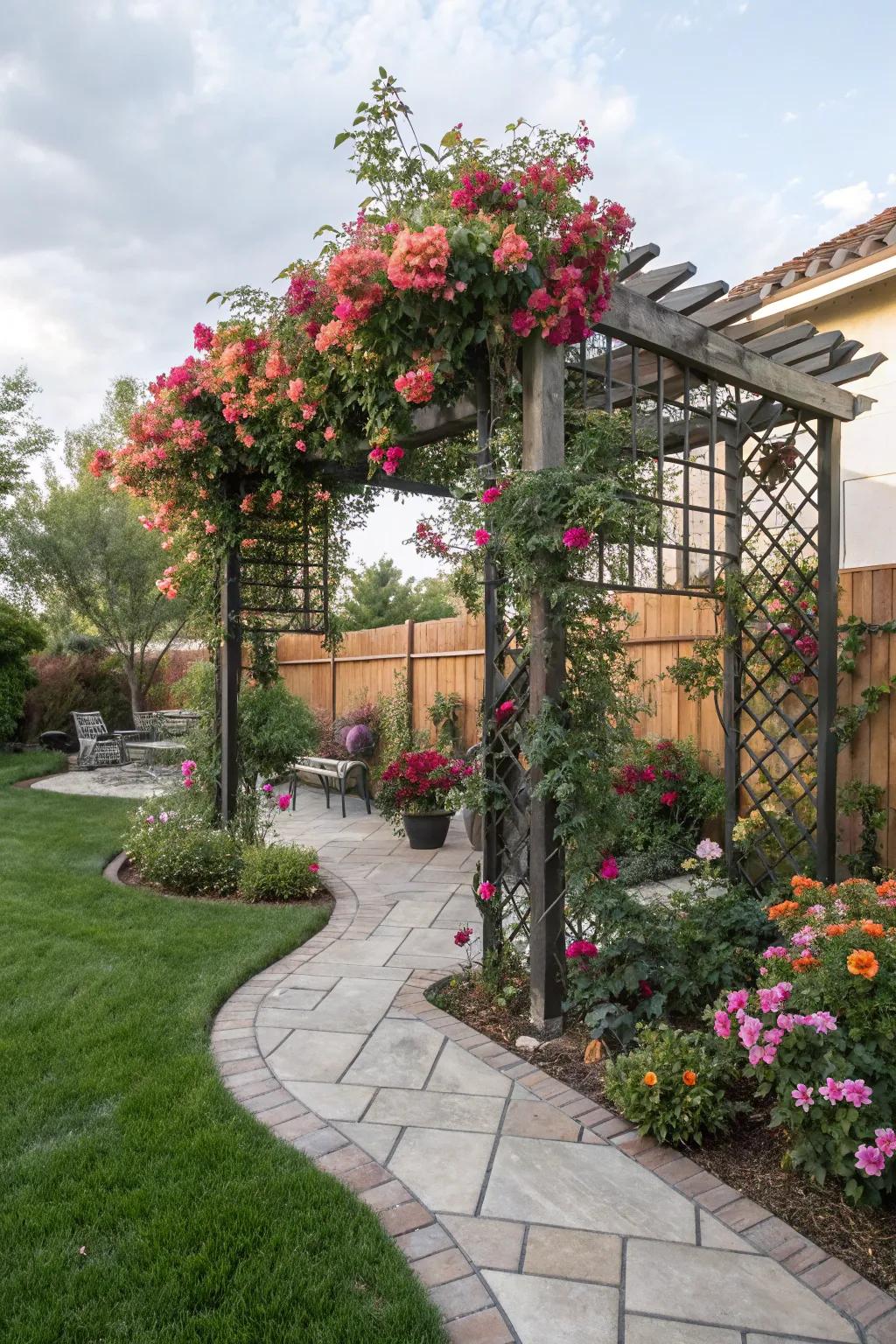 Artistic trellis designs bringing vertical interest to a square backyard.