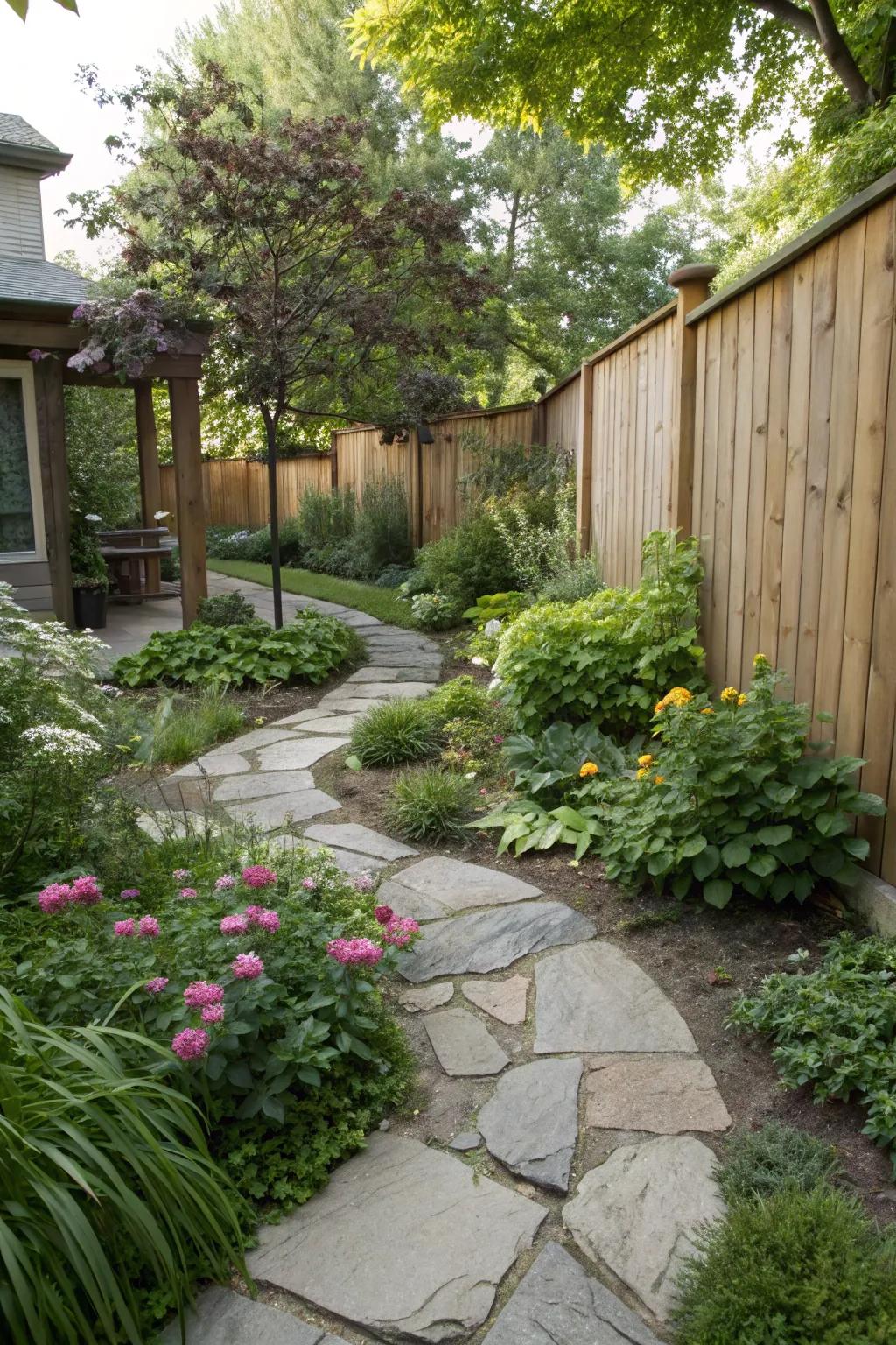 A rustic natural stone path enhancing the charm of a square backyard.