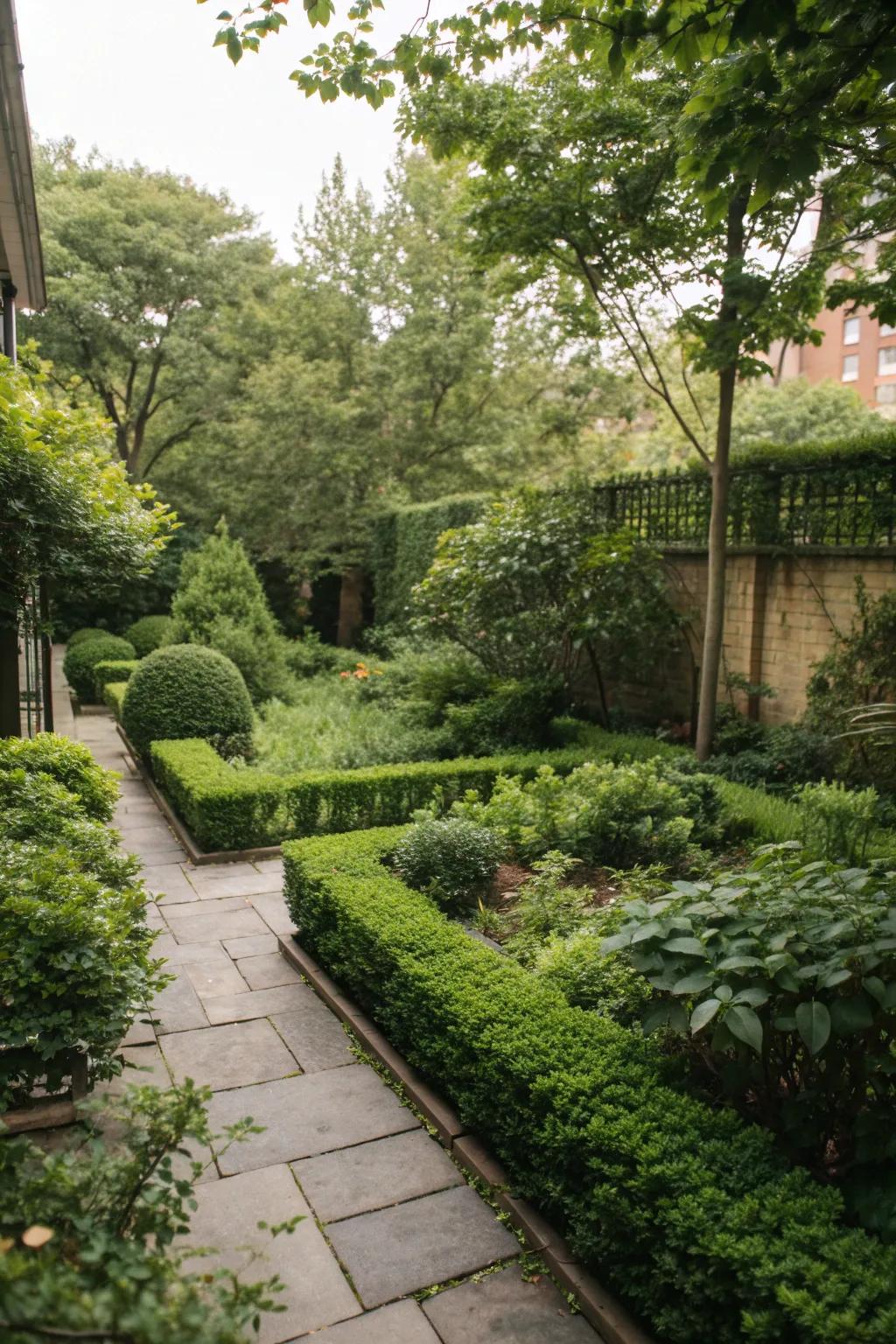 Lush green borders framing and enhancing a square backyard.