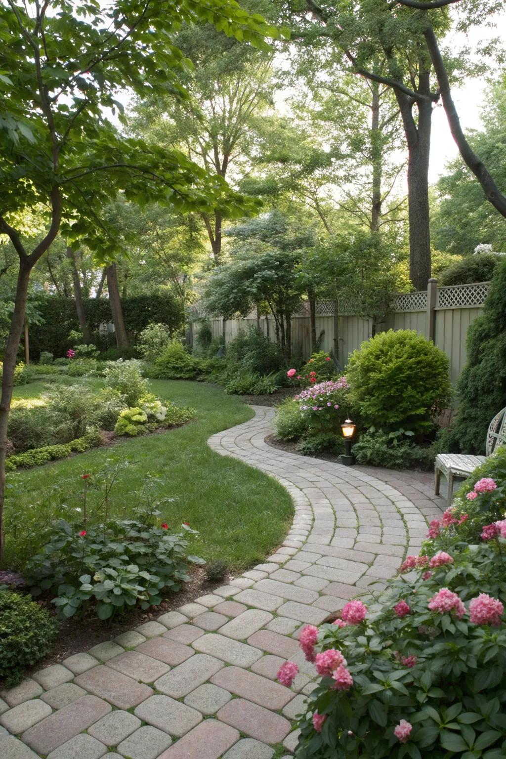 A winding pathway adding charm and intrigue to a square backyard.