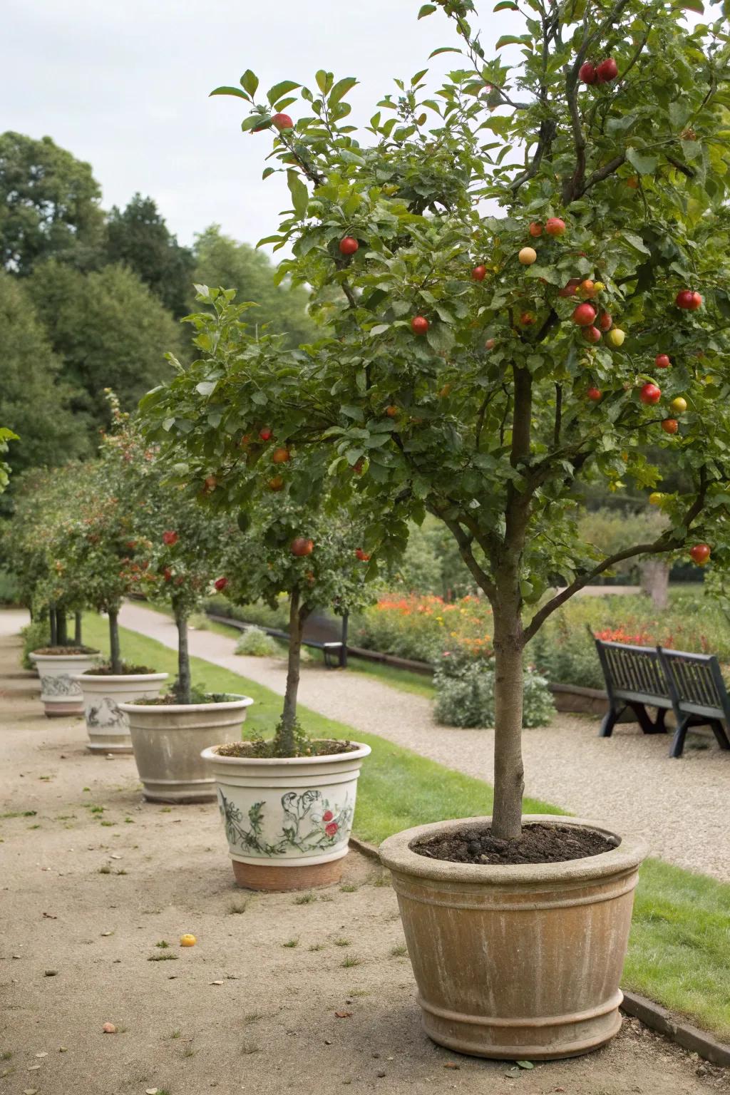 A delightful mini orchard with dwarf fruit trees in stylish pots.
