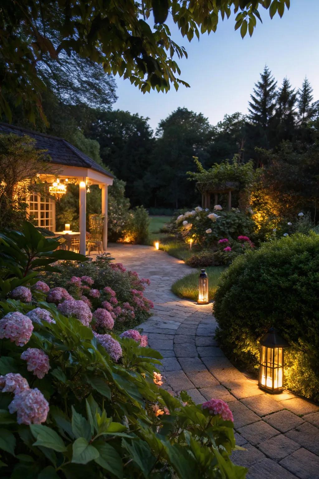 A garden beautifully lit by ambient lighting, creating a magical atmosphere.