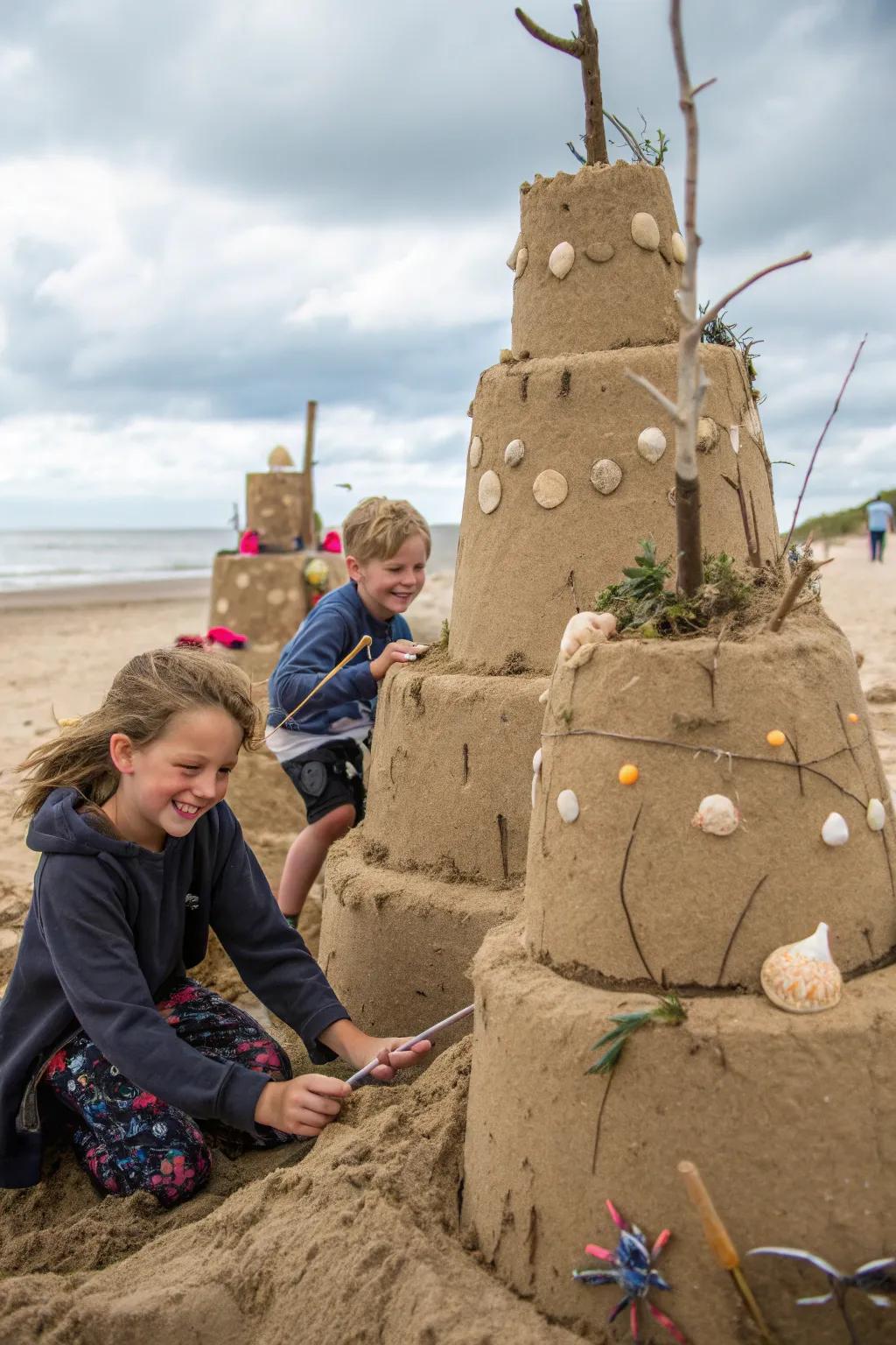Creative sandcastles adorned with nature's finest.
