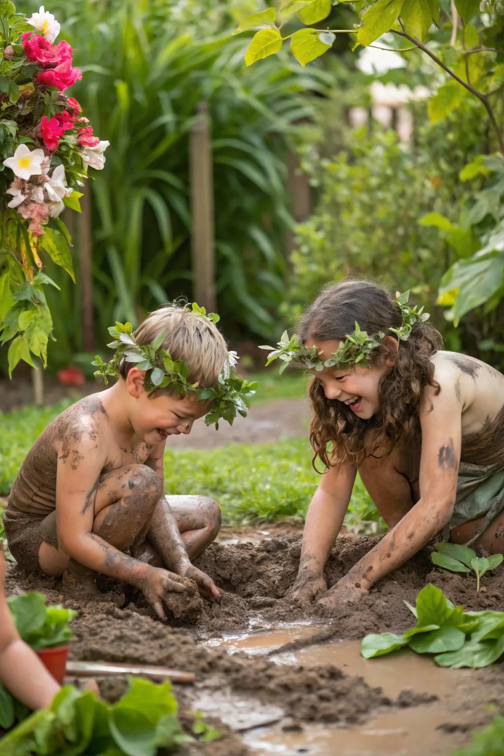 Creative mud pie making in full swing, decorated with nature's treasures.
