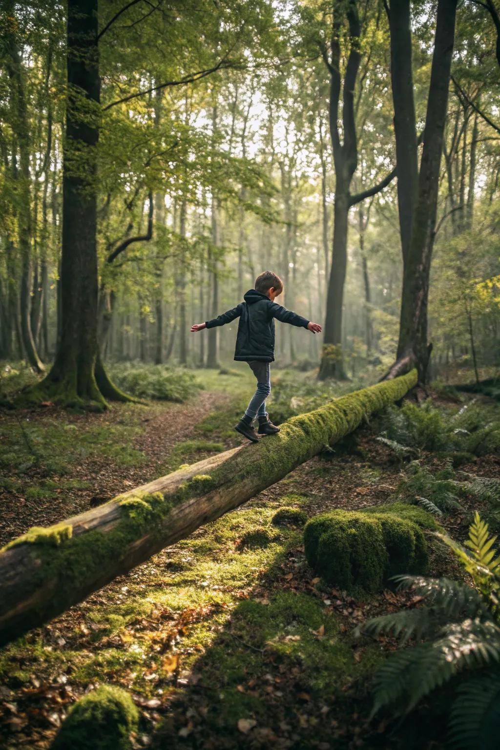 A young adventurer mastering balance on a fallen log.