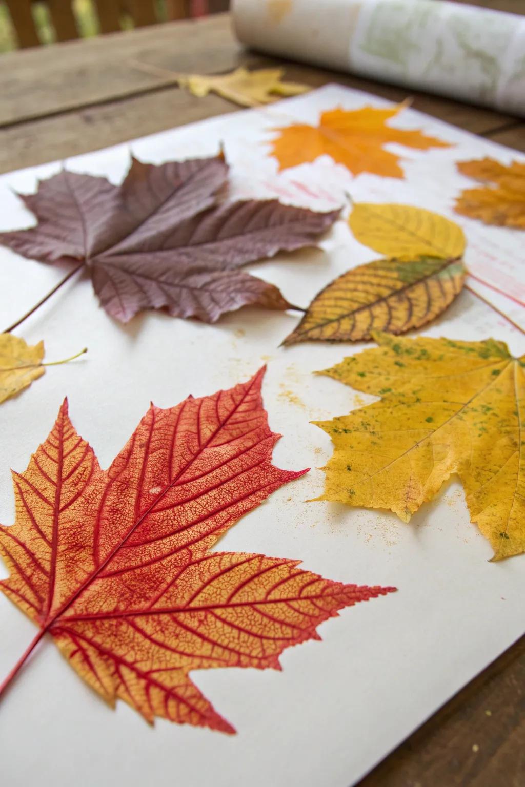 A collection of colorful leaf rubbings capturing nature's intricate patterns.