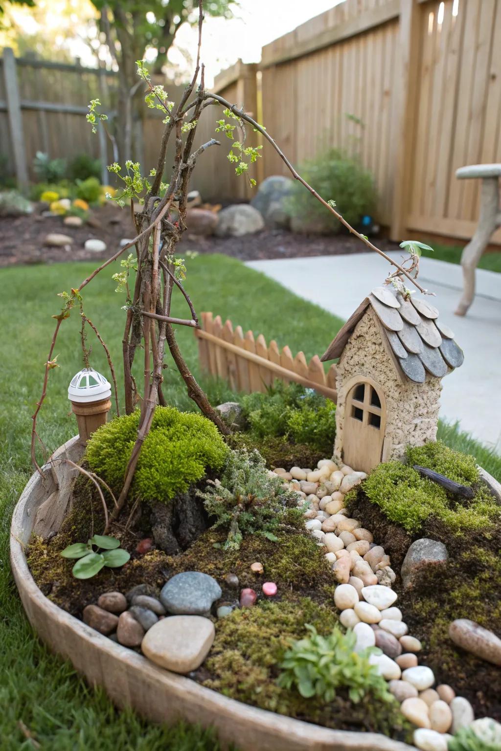A charming fairy garden nestled in a cozy corner of a backyard.