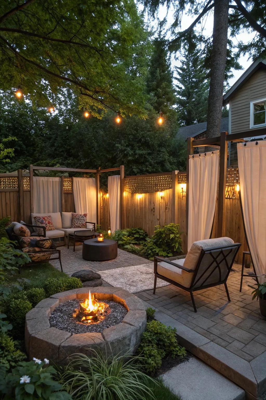 Privacy screens enhance the seclusion and comfort around a fire pit.