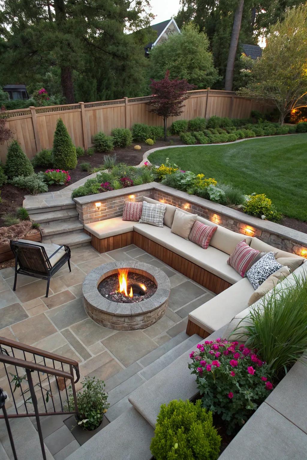 A sunken fire pit adds depth and visual intrigue to backyard spaces.