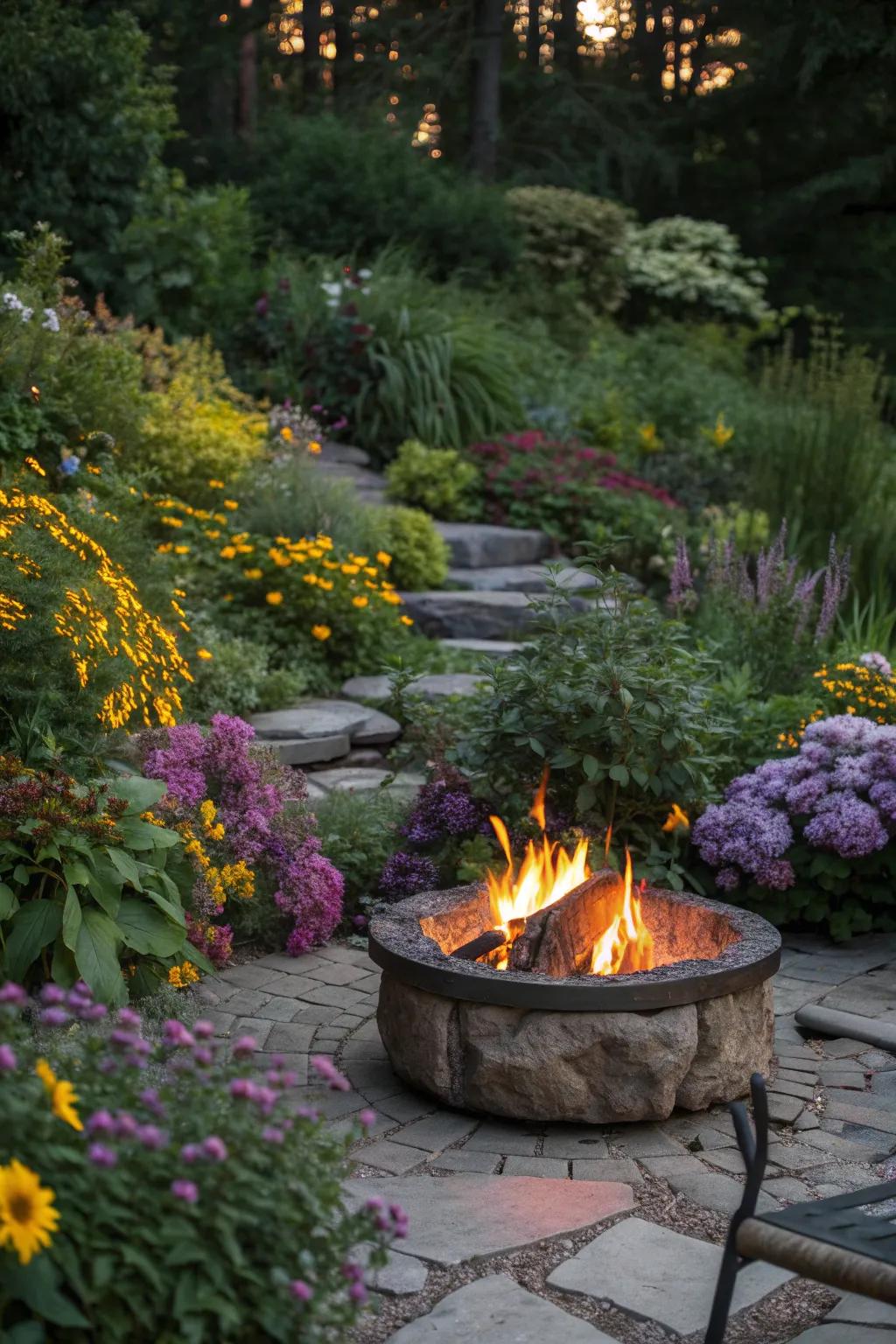 A vibrant garden surrounding a fire pit creates a tranquil outdoor space.