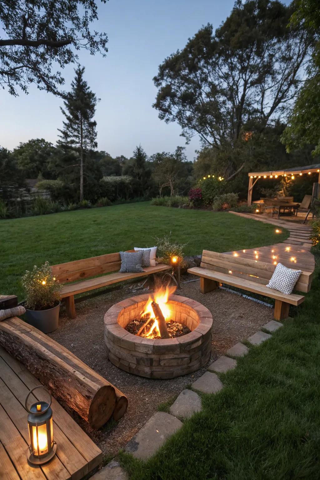 Bench seating offers a spacious and convivial fire pit setting.