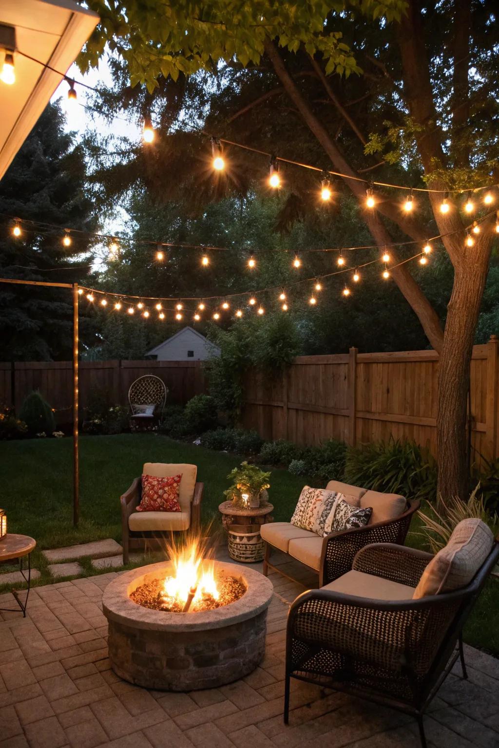 String lights bring warmth and ambiance to fire pit areas.