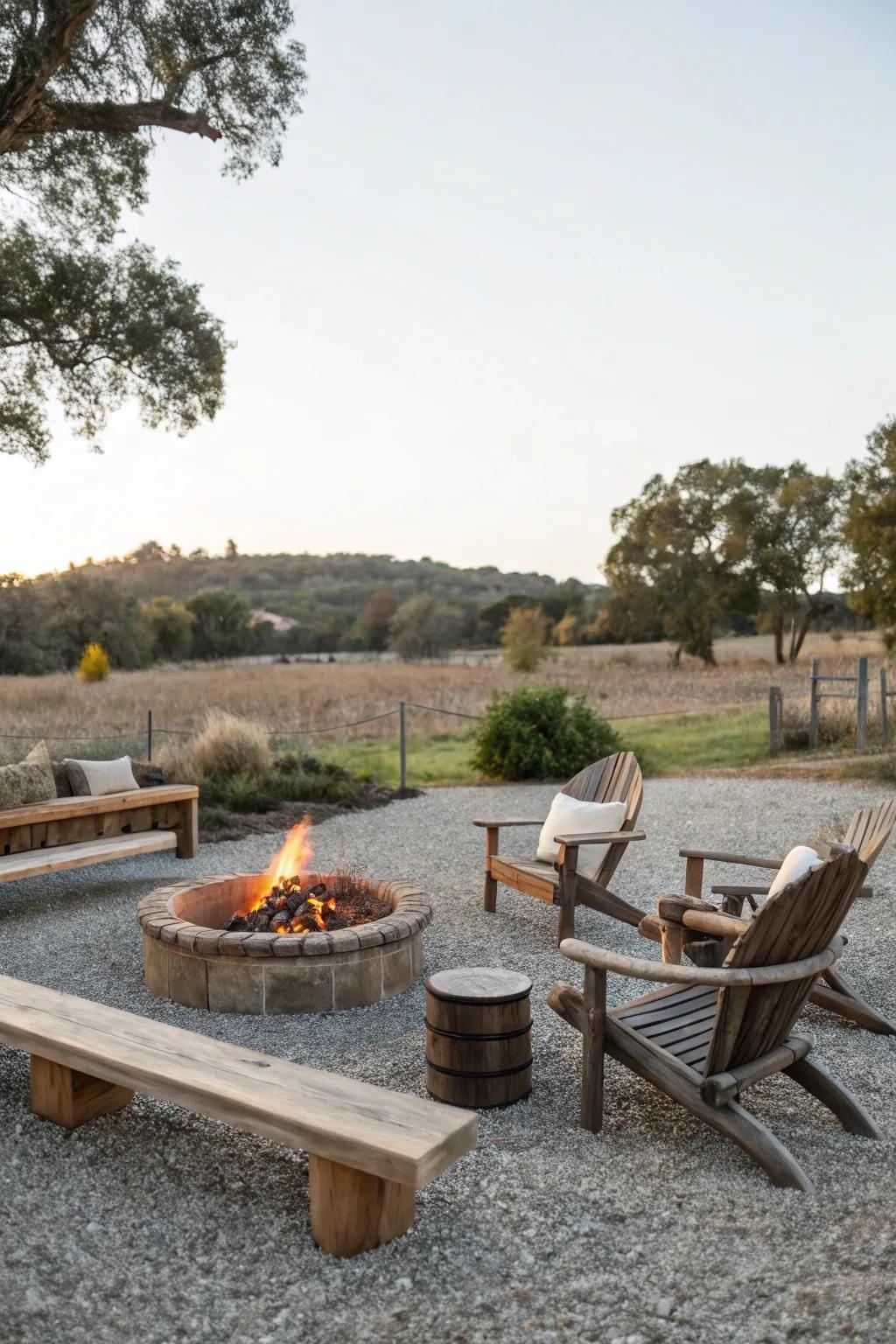 Pea gravel offers a rustic and practical base for fire pits.