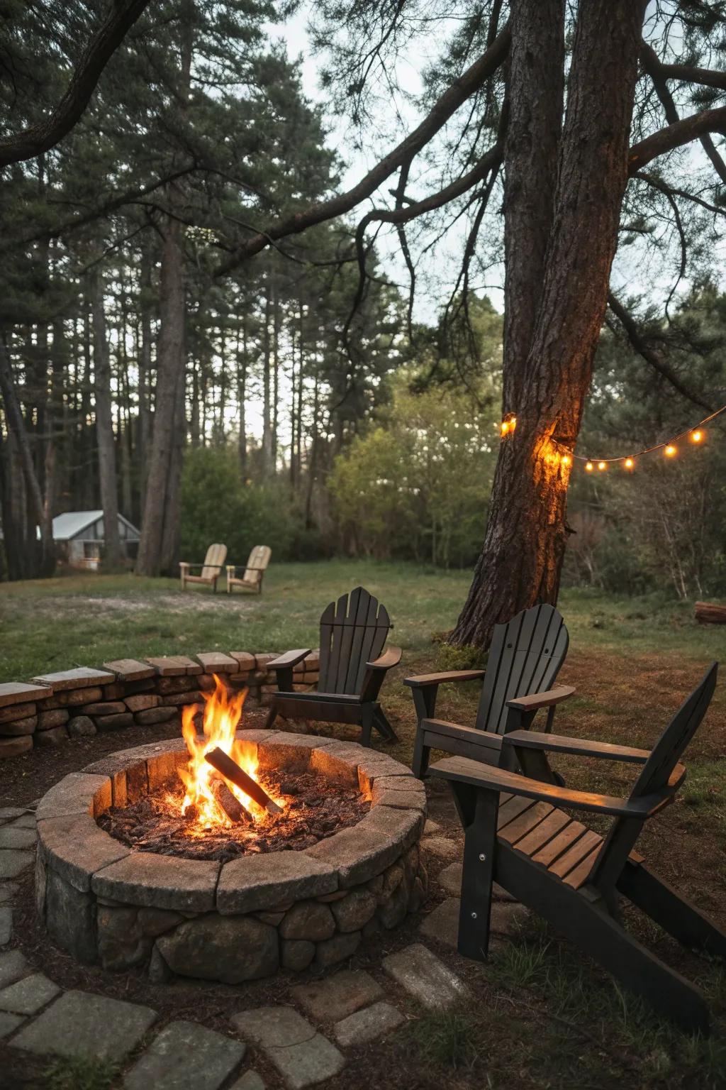 A stone circle fire pit creates a charming, nature-inspired setting.