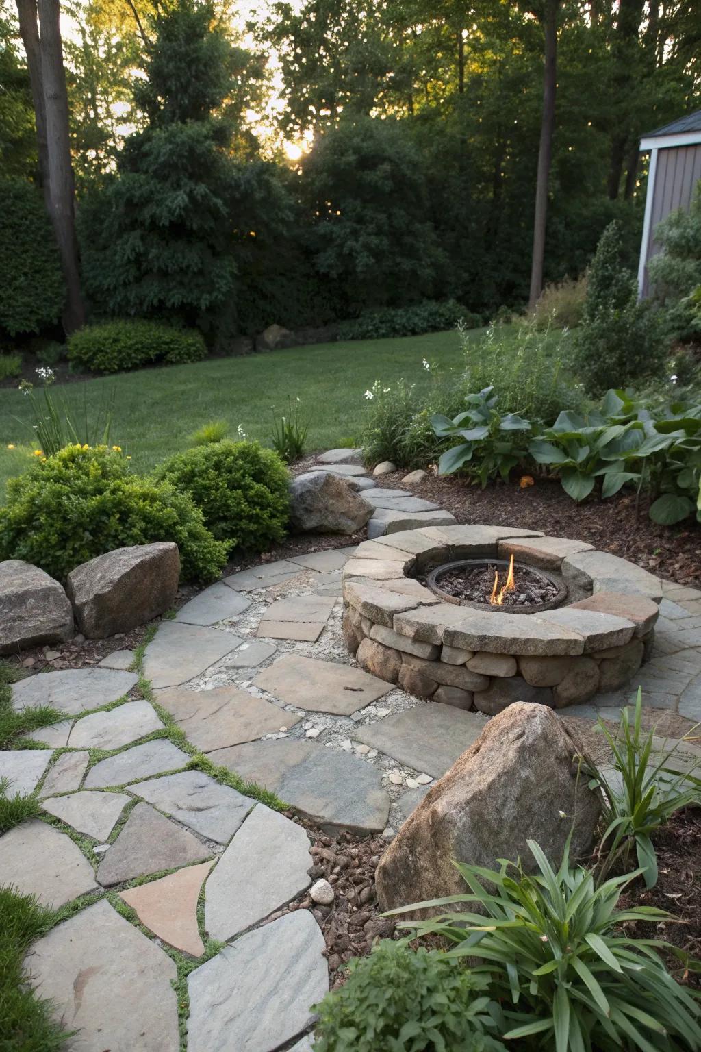 Natural materials create a seamless look for fire pit areas.