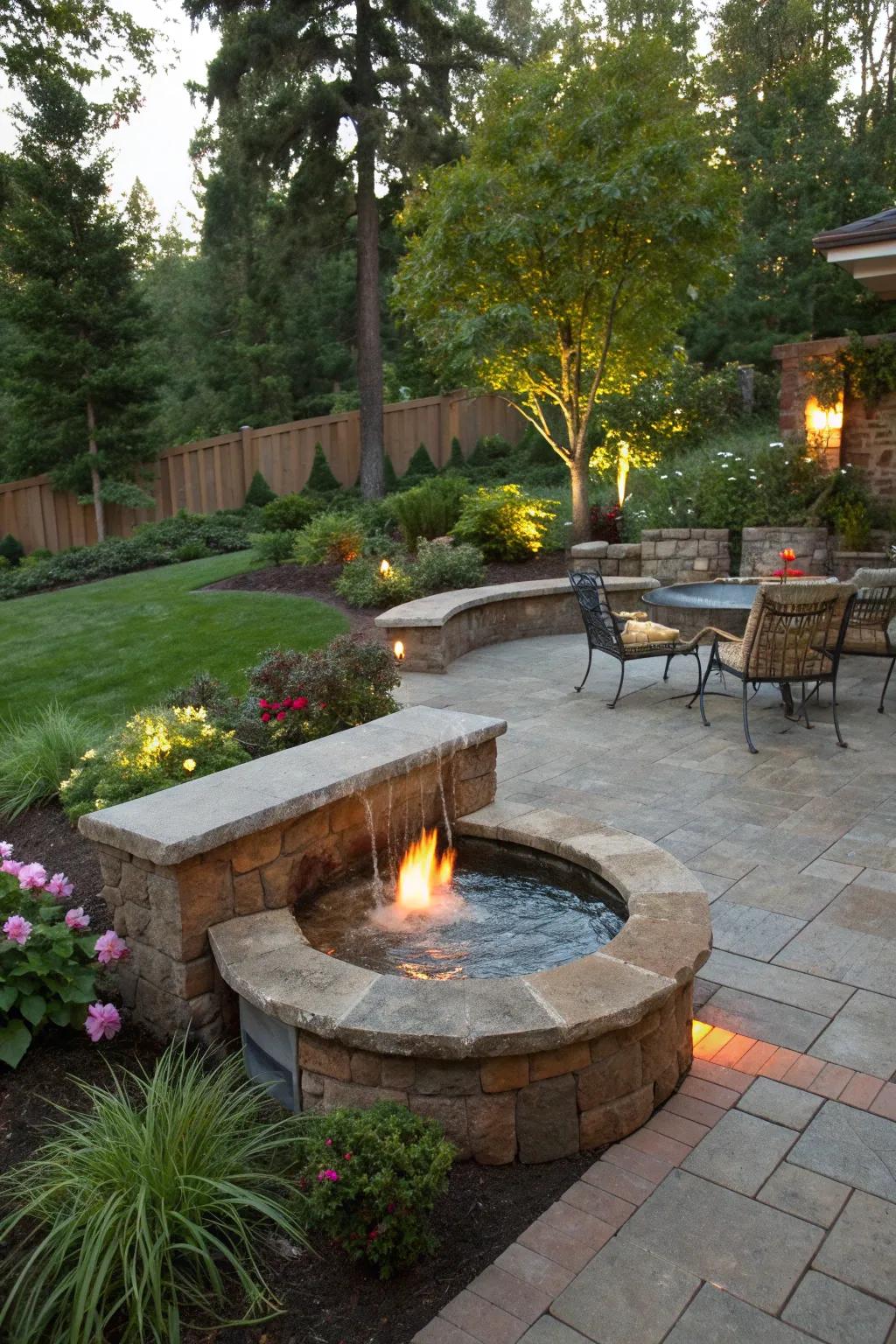 Fire pits paired with water features create stunning backyard focal points.