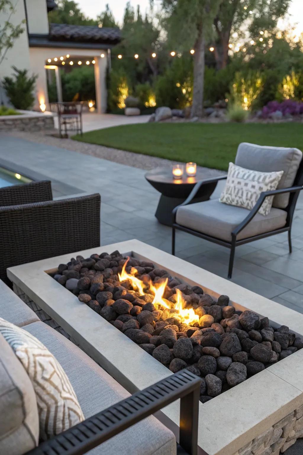 Lava rocks contribute rich texture and durability to fire pits.