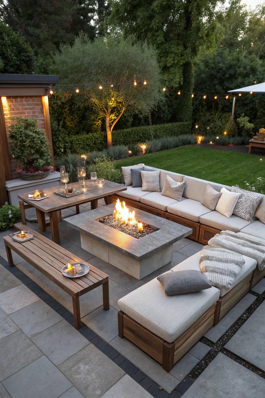 Fire pit tables blend relaxation and dining spaces outdoors.