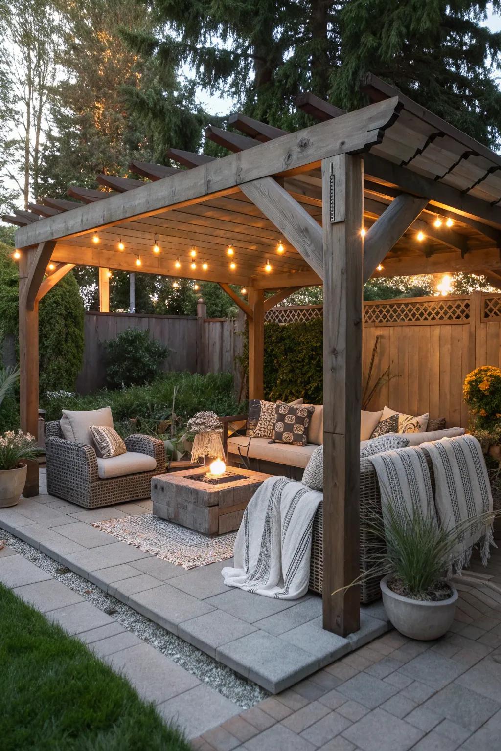 Pergolas provide shade and intimacy for backyard fire pits.