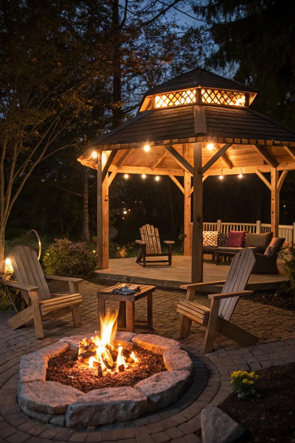 A gazebo offering a sheltered, stylish fire pit experience.