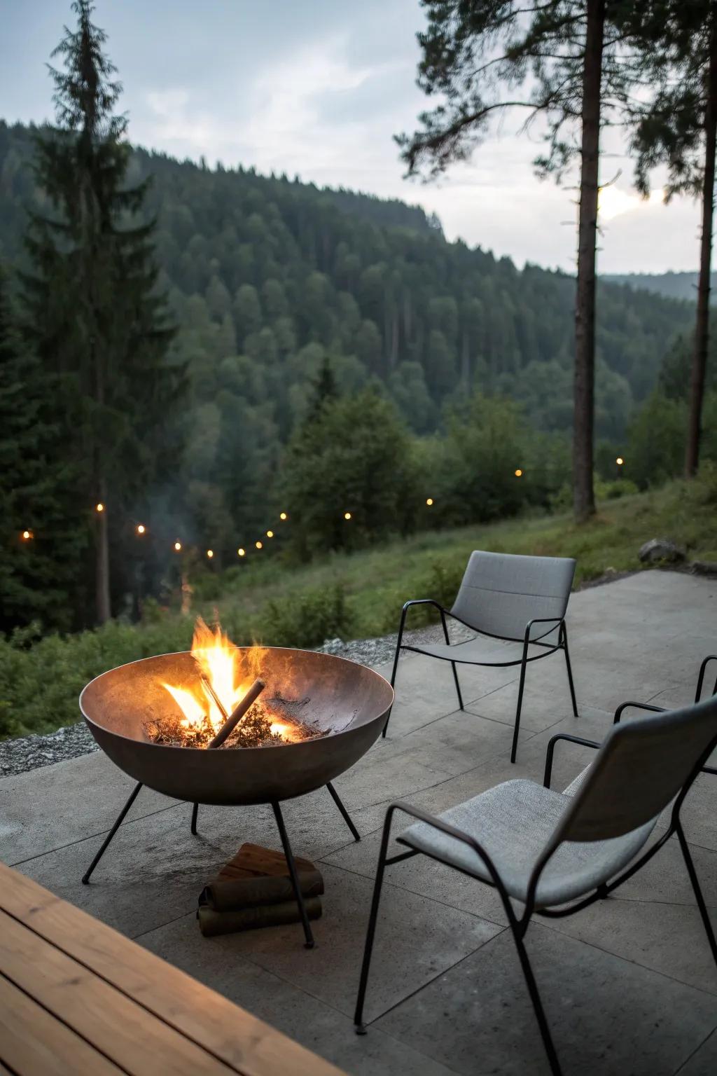 A stylish metal bowl fire pit for a modern touch in natural settings.