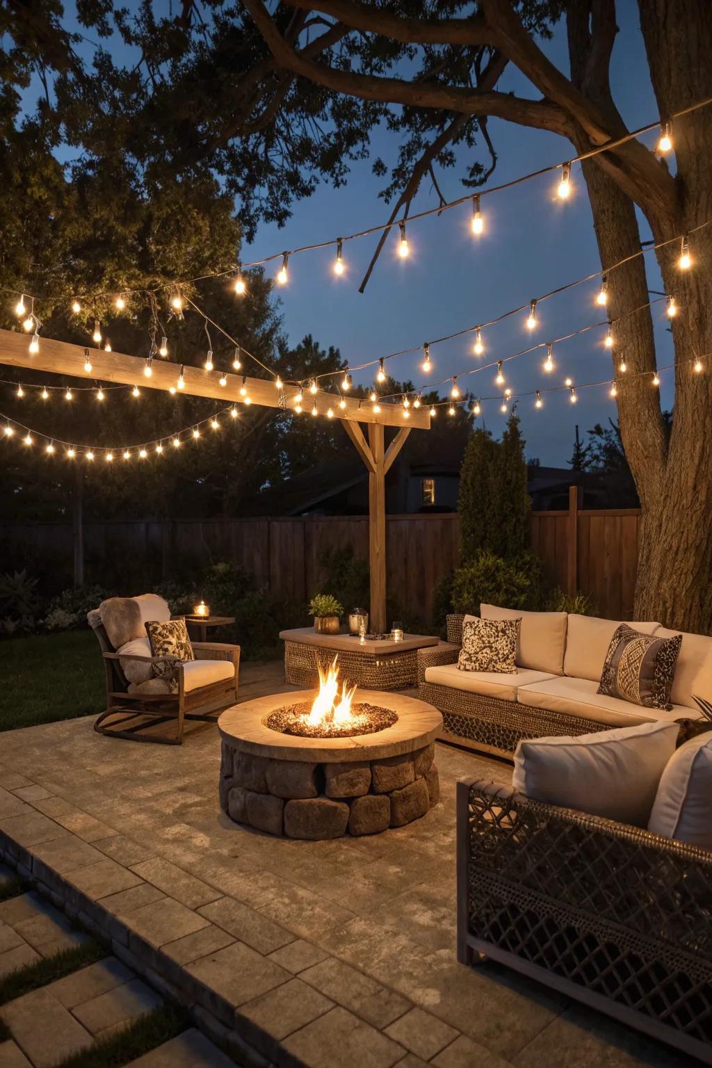 String lights casting a warm glow over a picturesque fire pit.