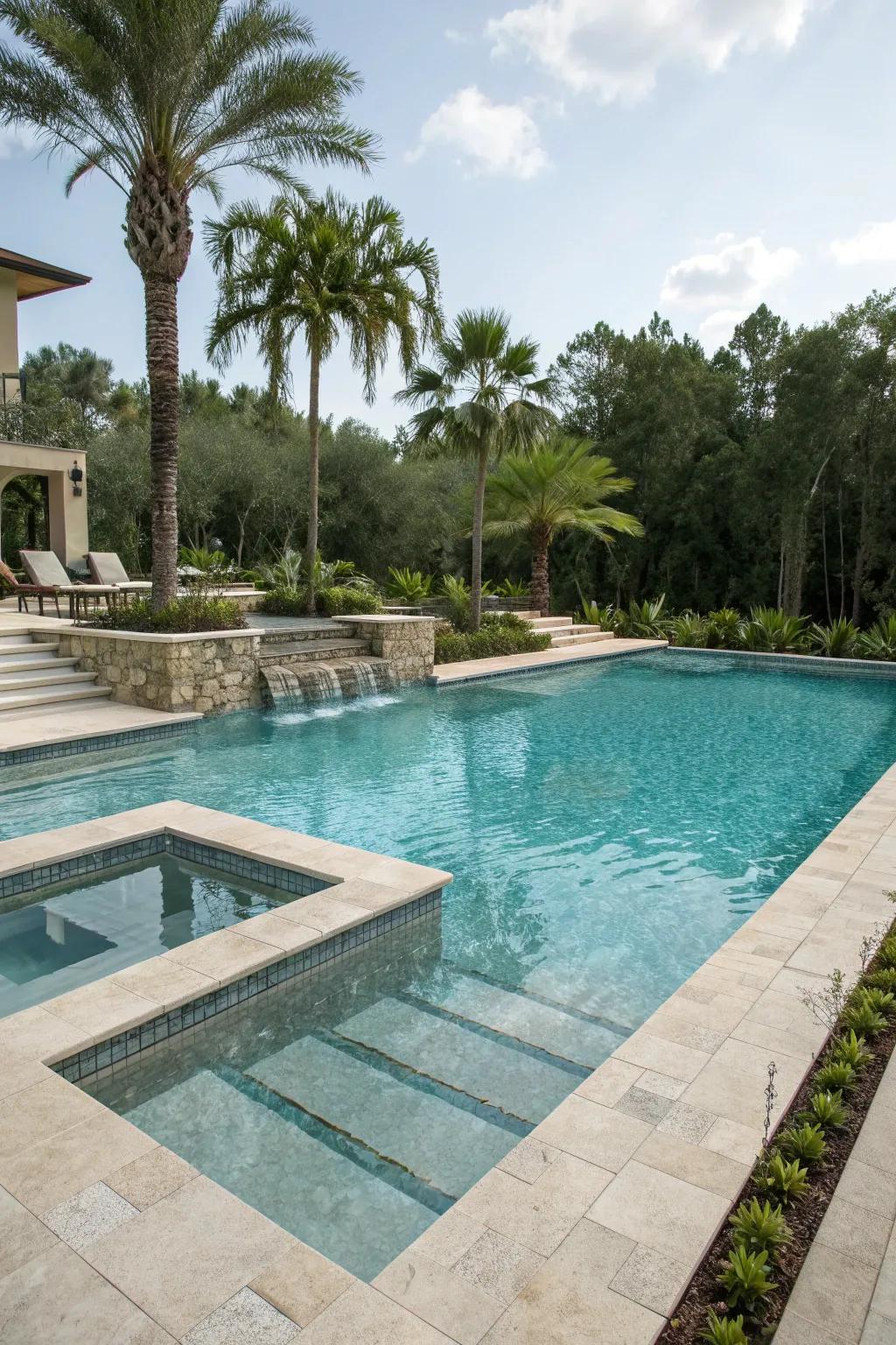 Varied depth levels make this gunite pool versatile for all ages.