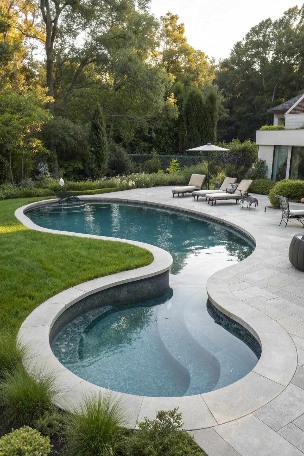 A uniquely shaped gunite pool that adds character to this stylish outdoor space.