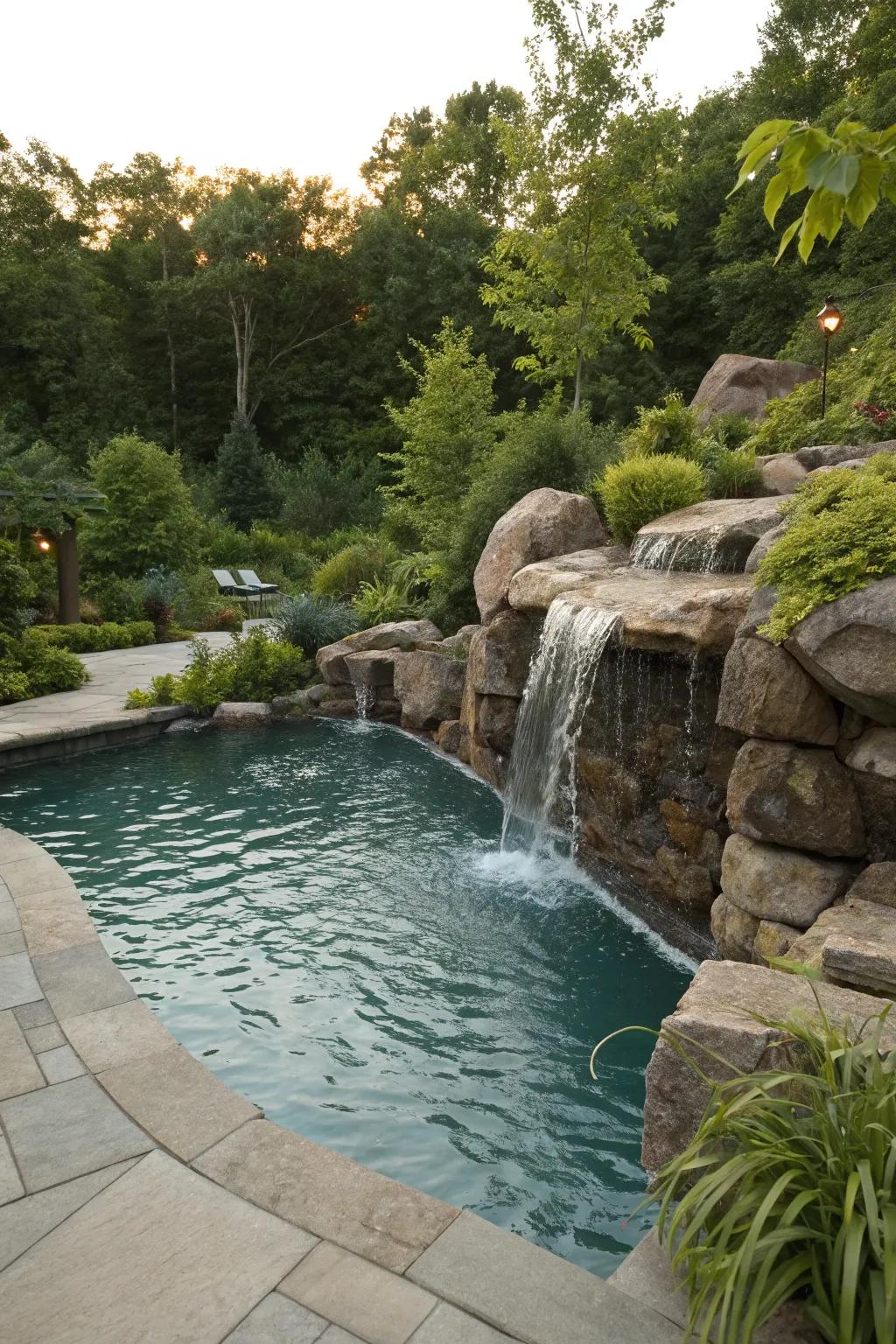 A stunning waterfall feature transforms this gunite pool into a tranquil retreat.