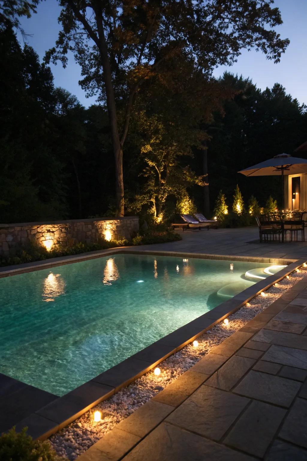 Night lighting adds a magical touch to this enchanting gunite pool.