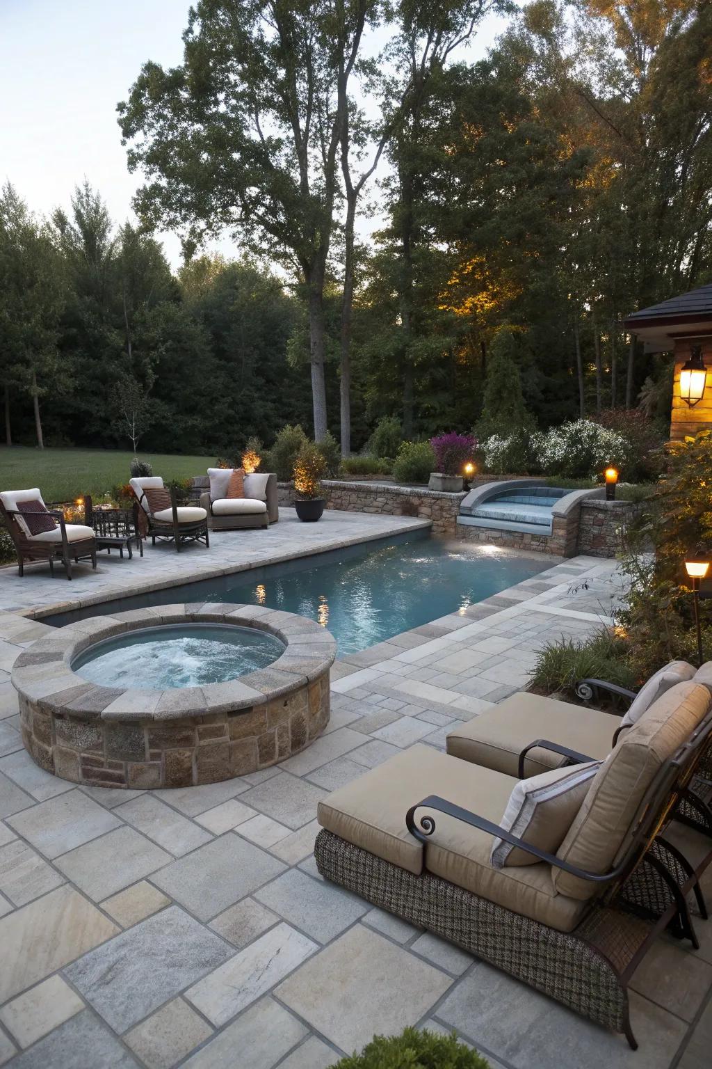 An integrated hot tub offers a luxurious touch to this gunite pool design.