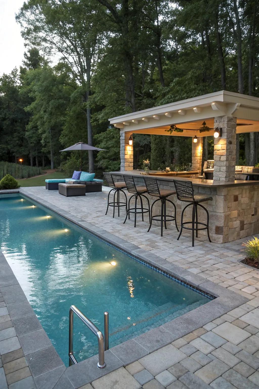 A swim-up bar adds a fun, resort-like atmosphere to this pool area.