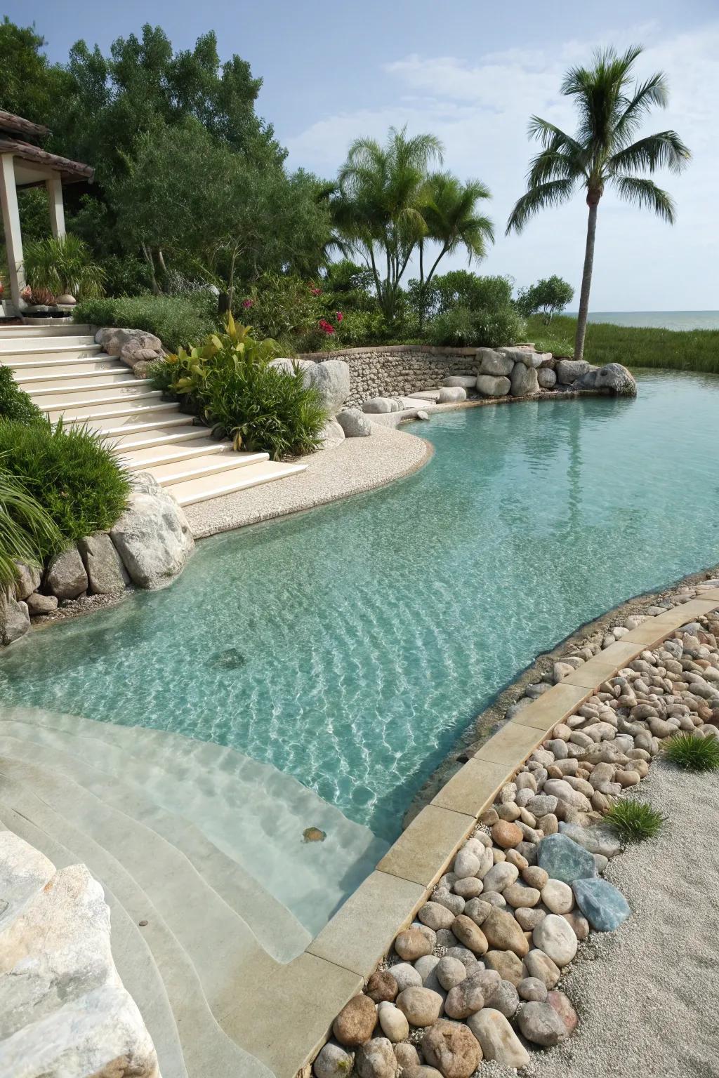 A beach entry adds a playful, family-friendly aspect to this pool.