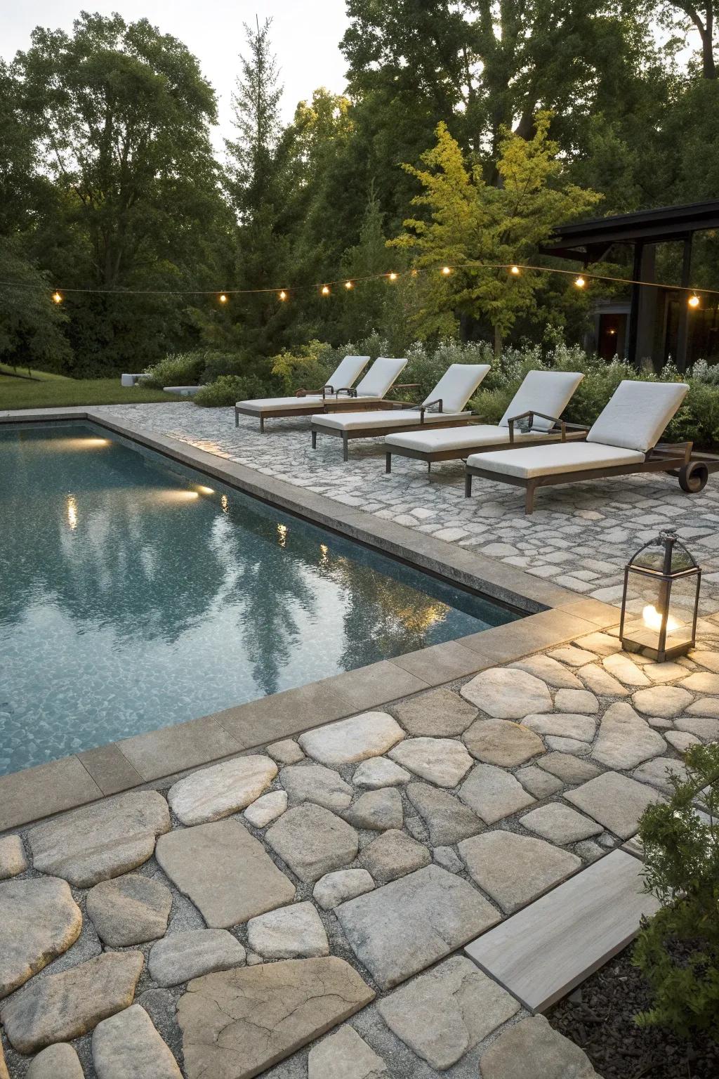 Elegant stone decking enhances the sophistication of this gunite pool.