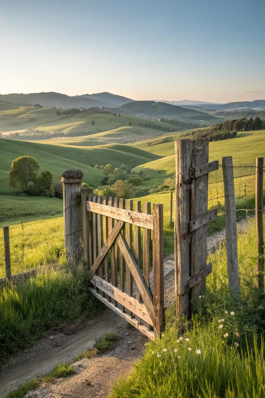 Classic wooden farmhouse gates offer a timeless appeal with their natural beauty and warmth.