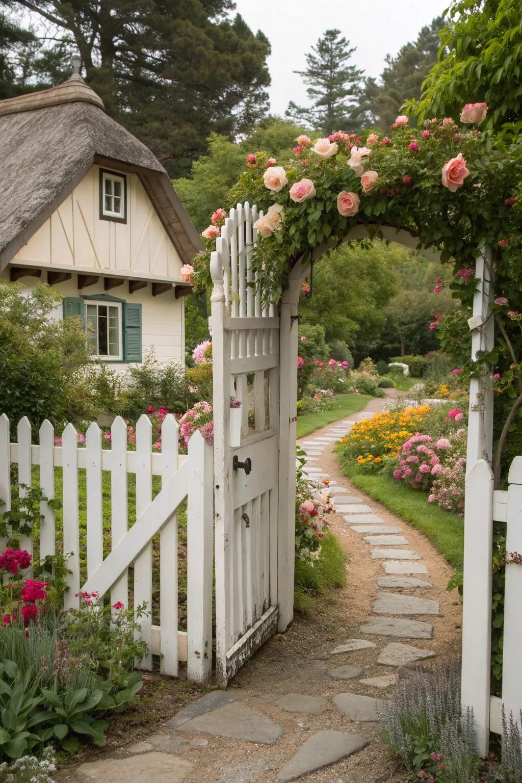 Picket fence-inspired gates offer nostalgic charm with a welcoming touch.