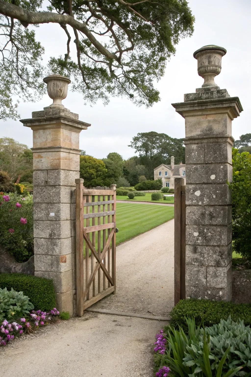 Stone pillar entry gates provide a grand and sophisticated entrance.
